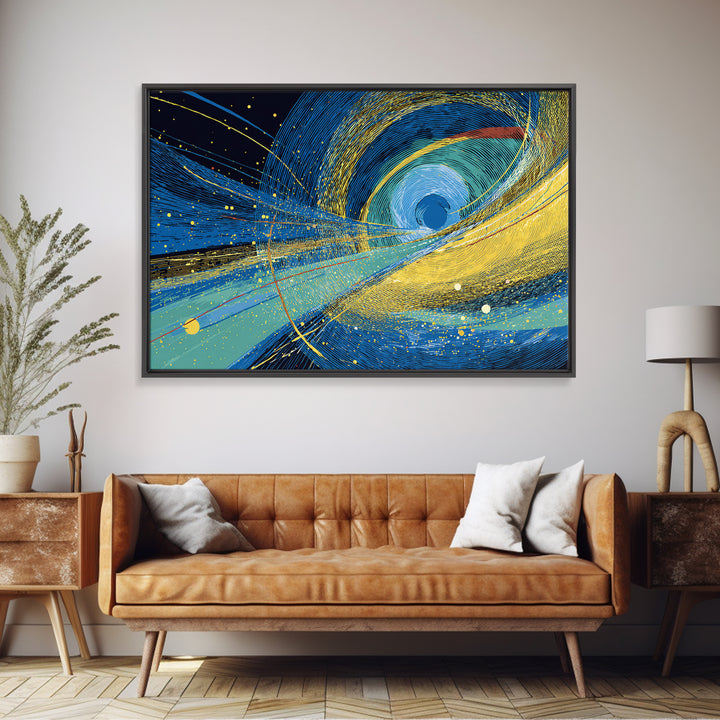 Blue Yellow Cosmic Vortex Abstract Wall Art, Modern Geometric Space Print, Midcentury Decor, Large Canvas Print, Living Room Decor