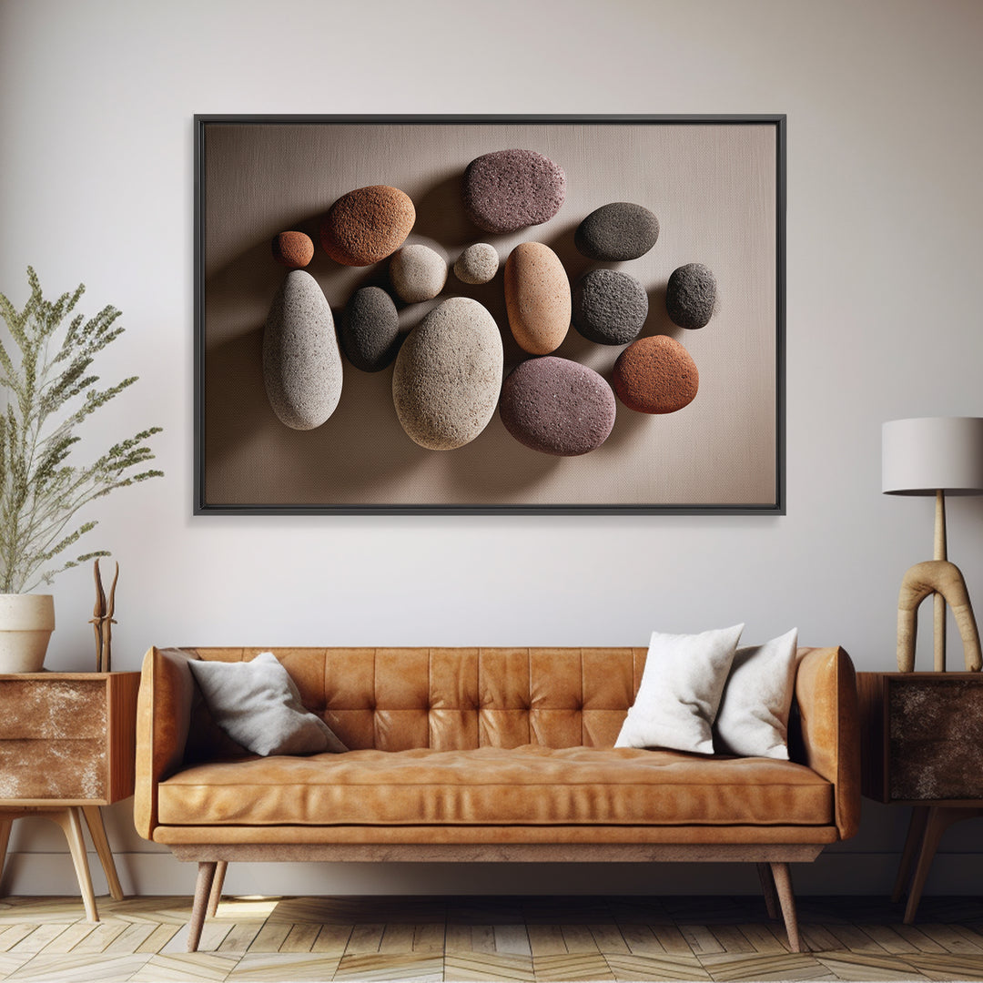 Neutral Pebble Stone Still Life Wall Art, Modern Minimalist Art Print, Nature Home Decor, Earth Tone Framed Canvas Print