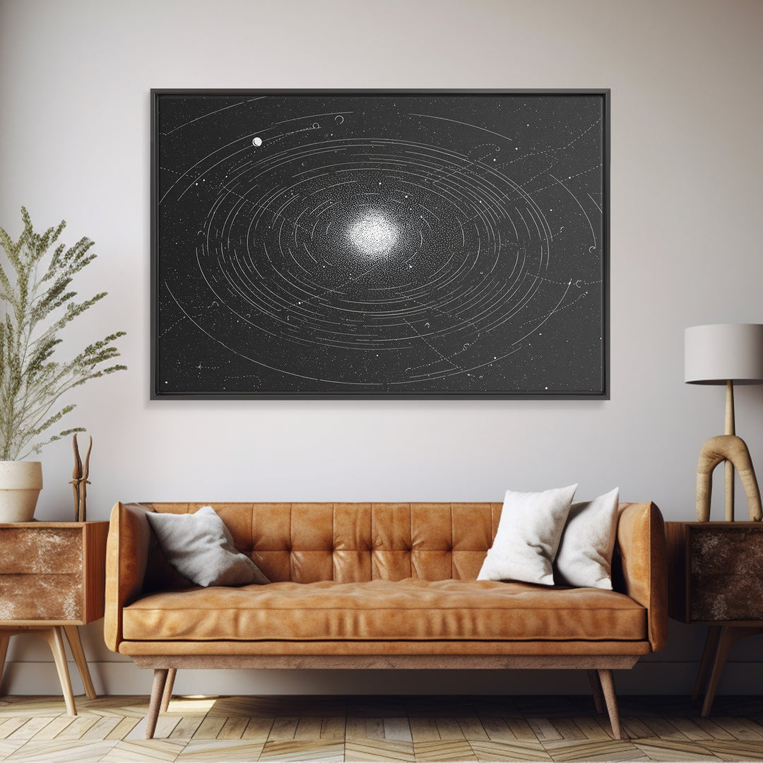 Black White Orbiting Galaxy Starfield Canvas Print, Modern Abstract Wall Art, Space Retro Geometric Poster, Cosmic Home Decor