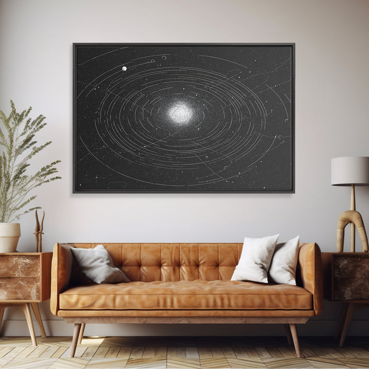 Black White Orbiting Galaxy Starfield Canvas Print, Modern Abstract Wall Art, Space Retro Geometric Poster, Cosmic Home Decor