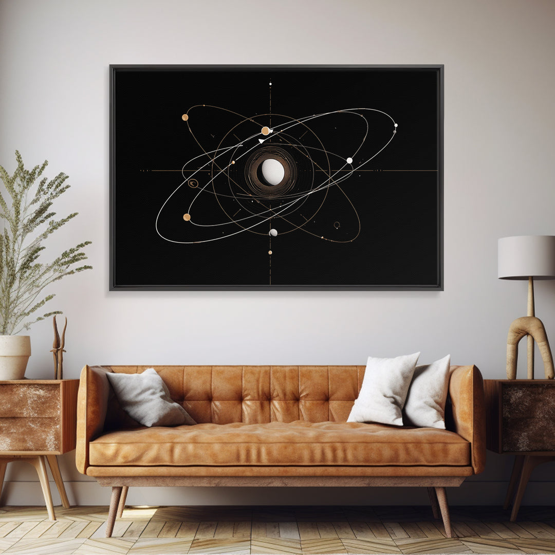 Gold Atomic Orbit Diagram Wall Art, Midcentury Modern Space Abstract Art, Geometric Black Home Wall Decor, MCM Canvas Print