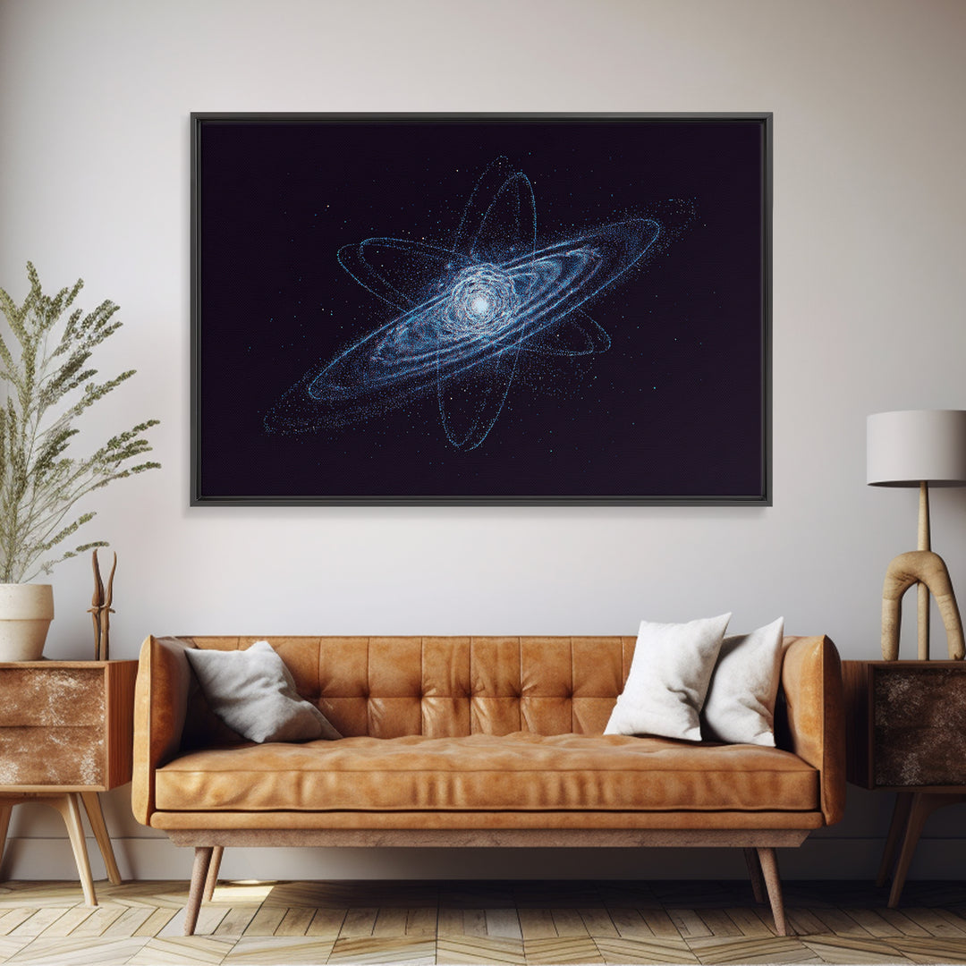 Blue Particle Galaxy Orbit Wall Art, Cosmic Retro Art, Space Abstract Art Print, Modern Geometric Home Decor, Canvas Print