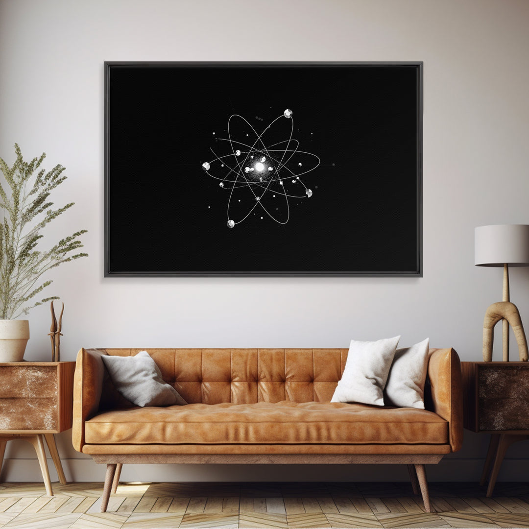 Bright Atomic Nucleus Orbit Wall Art, Black And White Modern Art Print, Geometric Space Decor Poster, Midcentury Canvas Print