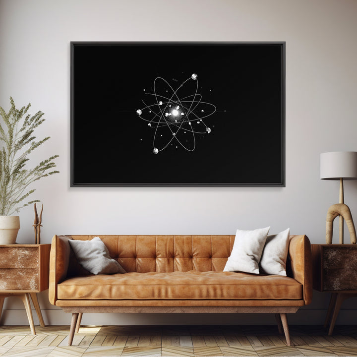 Bright Atomic Nucleus Orbit Wall Art, Black And White Modern Art Print, Geometric Space Decor Poster, Midcentury Canvas Print