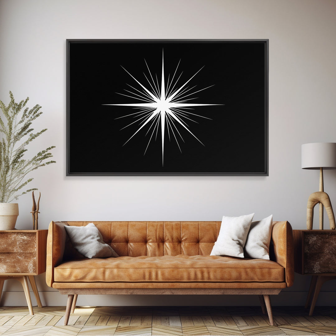 Sharp White Starburst Wall Art, Midcentury Atomic Art Print, Black Minimalist Modern Poster Decor, Geometric Canvas Print
