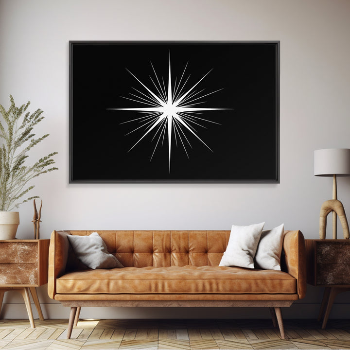 Sharp White Starburst Wall Art, Midcentury Atomic Art Print, Black Minimalist Modern Poster Decor, Geometric Canvas Print