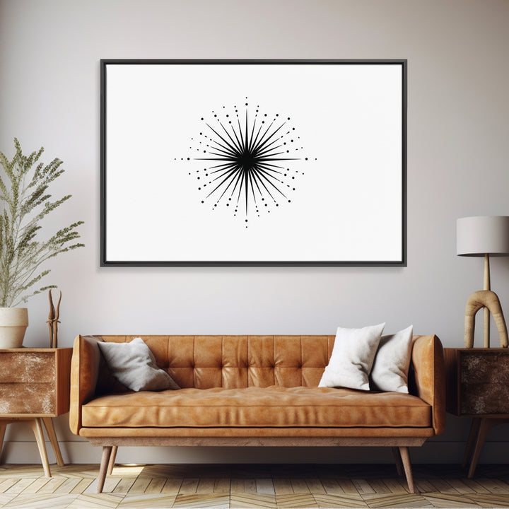 Black Radial Starburst Wall Art, Minimalist Modern Abstract Art Print, Geometric Dots Decor Poster, Midcentury Canvas Print
