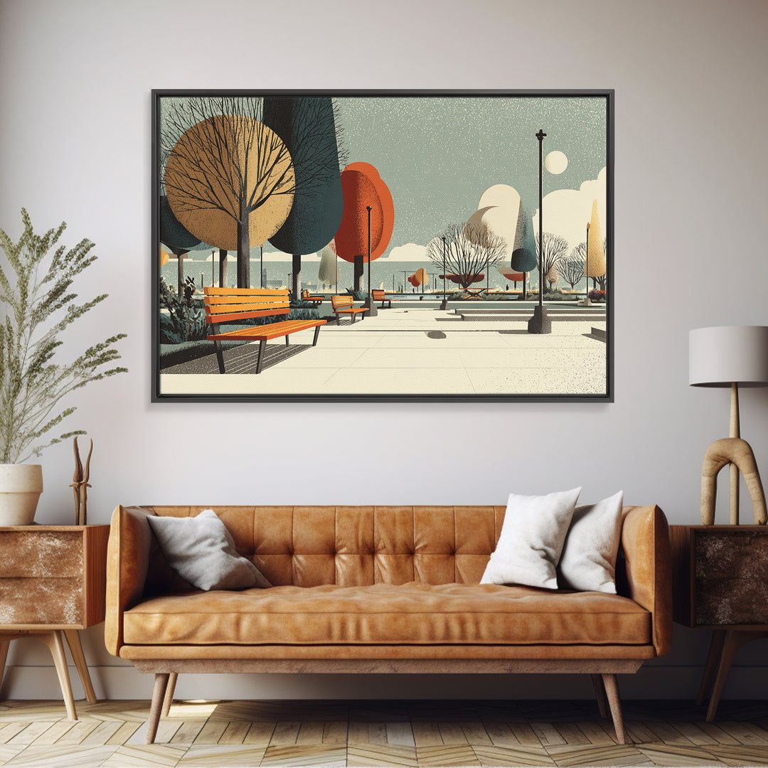Autumn Lakeside Park Wall Art, Midcentury Modern Print, Scenic City Landscape Poster, Retro Bench Living Room Decor, Office Wall Decor