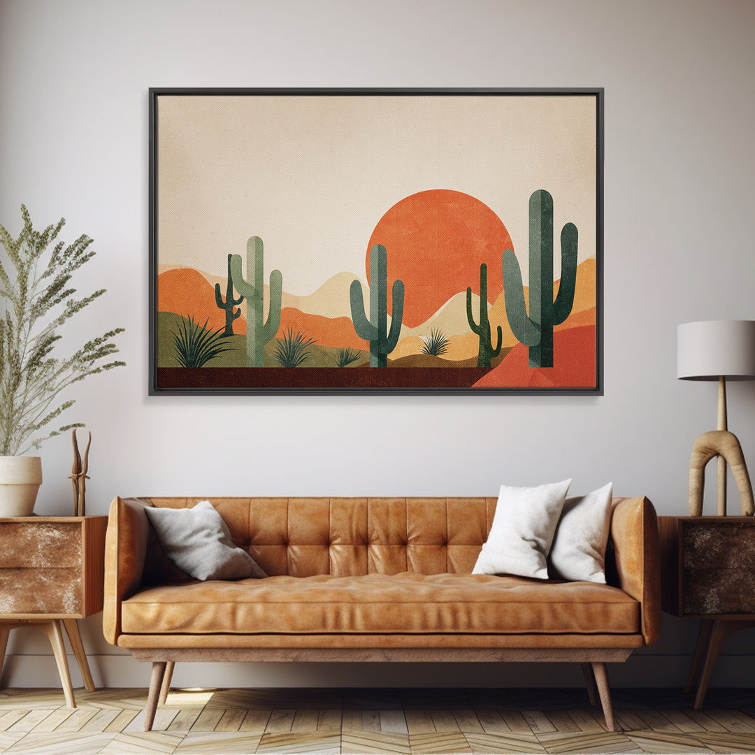 Orange Sun Cactus Desert Wall Art, Midcentury Modern Art Print, Southwestern Landscape Poster, Boho Retro Home Decor, MCM Decor