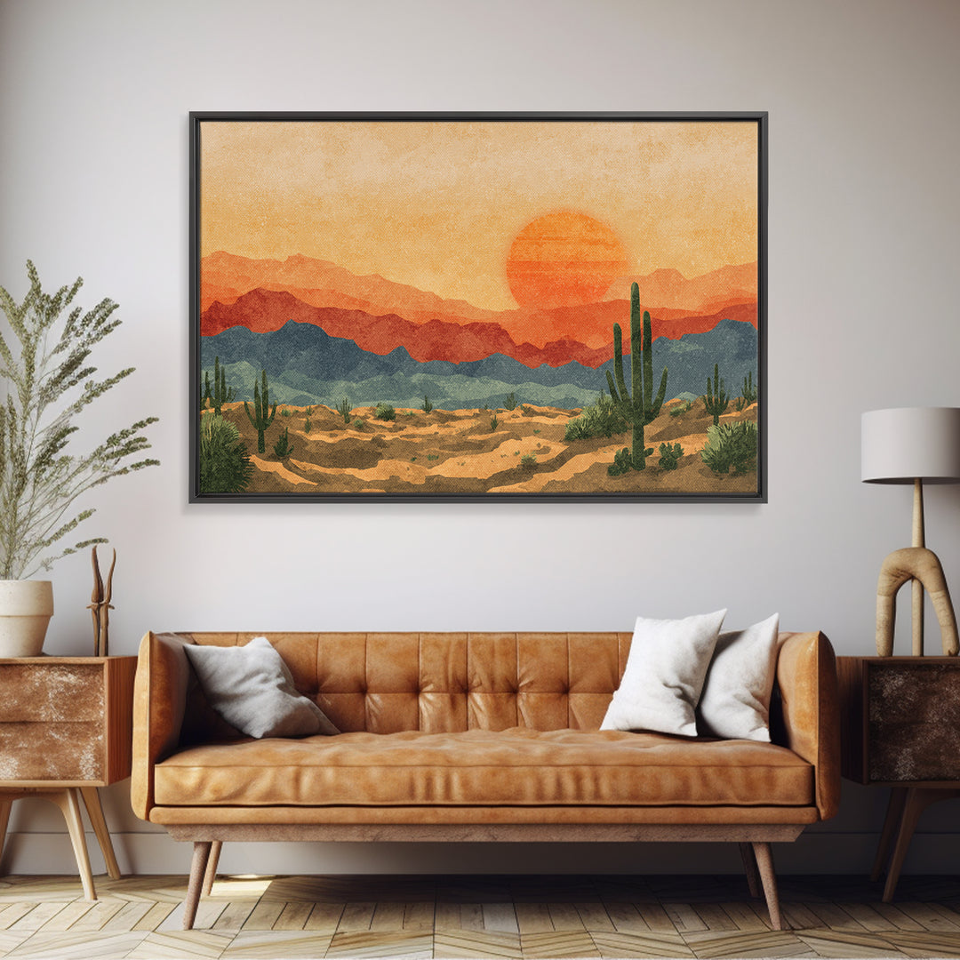 Textured Desert Mountains Wall Art, Orange Sunset Cactus Print, Midcentury Modern Landscape, Southwestern Living Room Decor