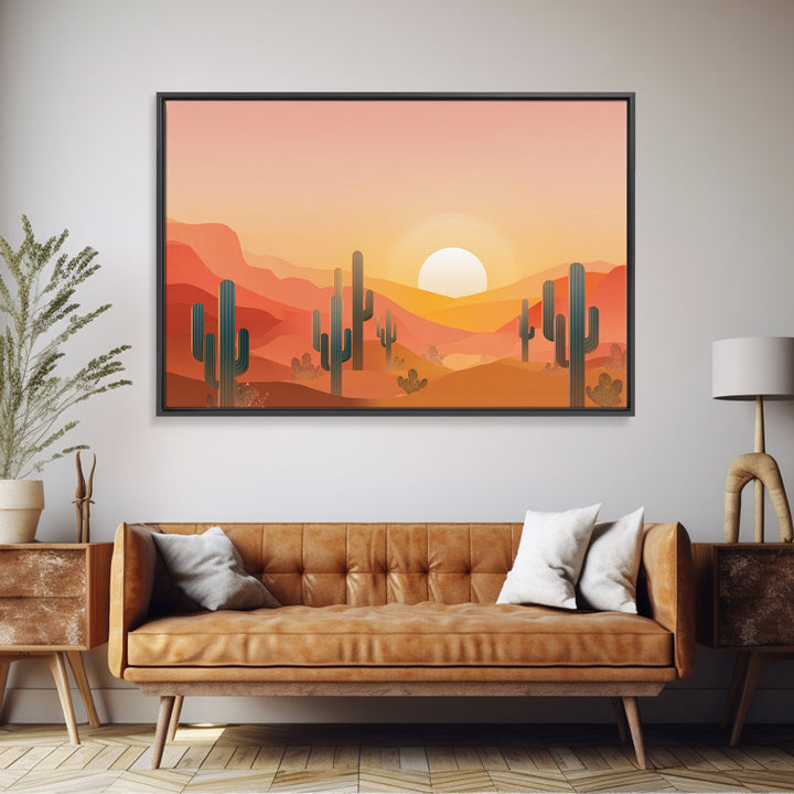 Golden Saguaro Desert Sunset Canvas Print, Midcentury Modern Wall Art, Warm Orange Southwestern Poster, Boho Home Decor, MCM Decor