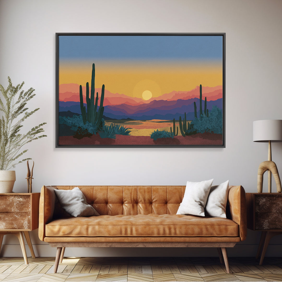 Blue Gold Desert Sunset Wall Art, Saguaro Cactus Landscape Print, Midcentury Modern Art Poster, Southwestern Home Decor, MCM Decor