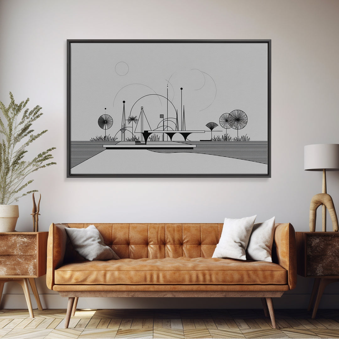 Black White Architectural Line Wall Art, Midcentury Modern Abstract Print, Atomic Ranch Landscape, Minimalist Home Decor