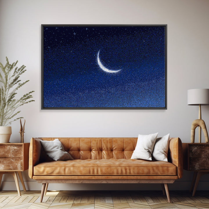 Glowing Crescent Moon Starry Sky Canvas Print, Blue Celestial Wall Art, Modern Night Poster, Minimalist Bedroom Decor, Nursery Decor