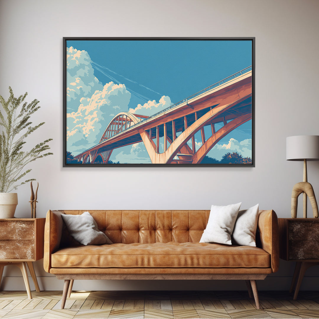 Sunlit Arch Bridge Framed Canvas Print, Modern Architecture Wall Art, Blue Sky Cloudscape, Travel Poster, Office Decor Gift Idea