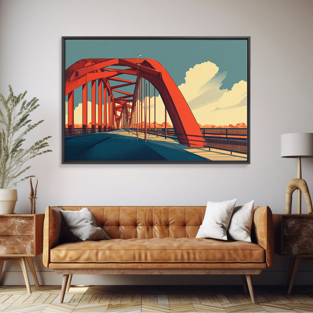 Red Steel Arch Bridge Canvas Print, Sunset Architecture Wall Art, Midcentury Modern Poster, Office Decor, Travel Print Gift
