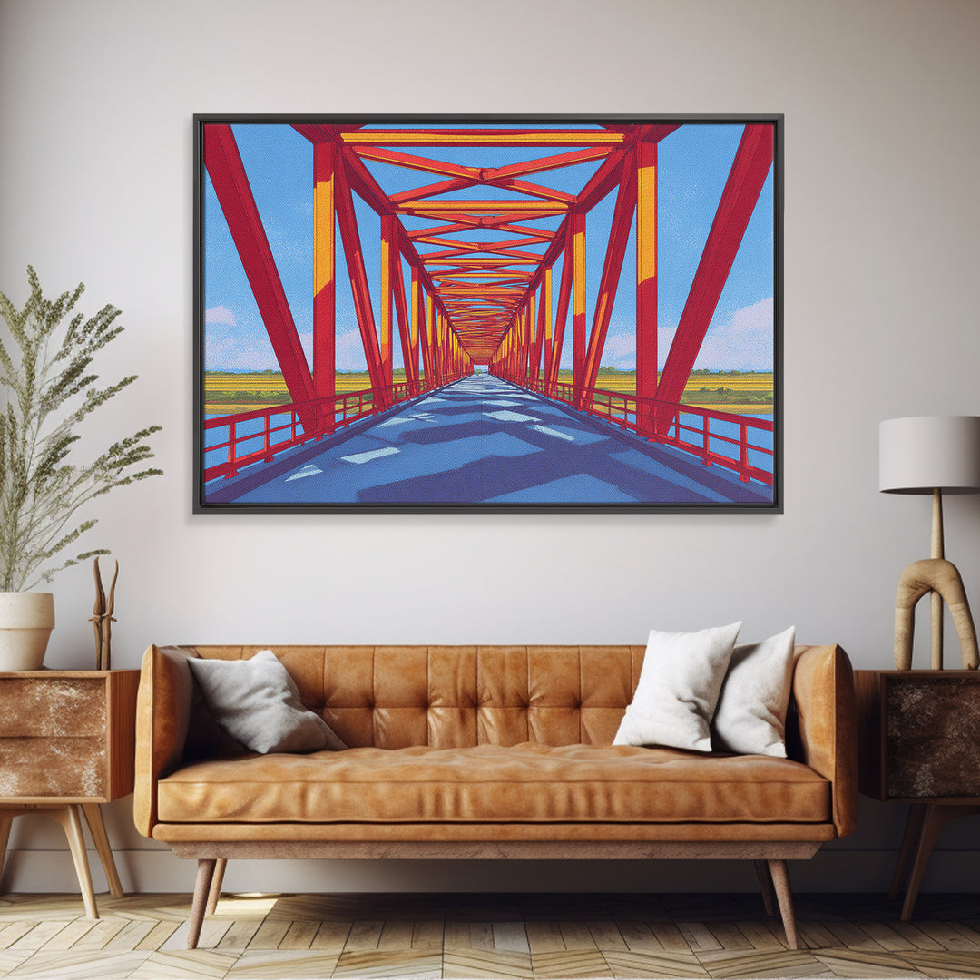 Red Truss Bridge Perspective Wall Art, Geometric Architecture Canvas Print, Bold Modern Decor, Office Poster, Travel Gift
