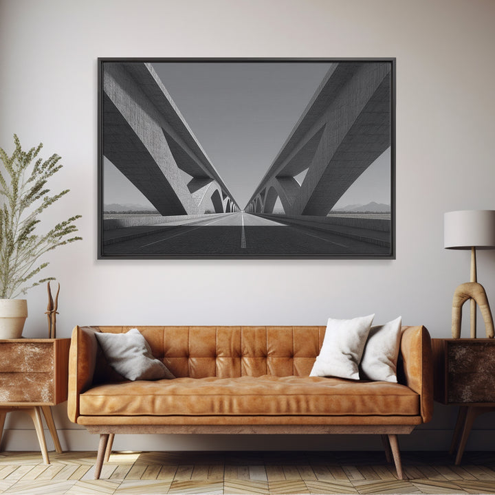 Black And White Concrete Bridge Wall Art, Brutalist Architecture Print, Geometric Perspective, Modern Office Decor Gift Idea