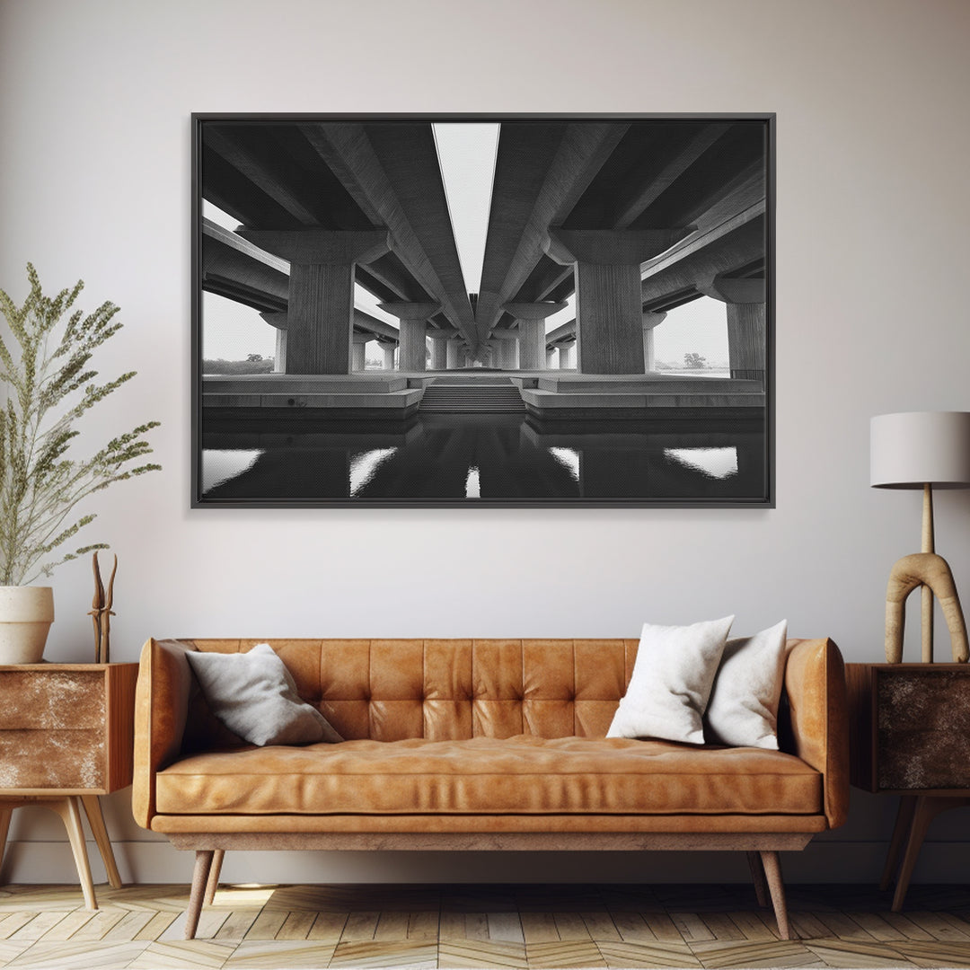 Black And White Overpass Framed Canvas Print, Urban Architecture Wall Art, Minimalist Modern Office Decor, Large Poster Gift