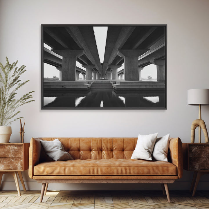 Black And White Overpass Framed Canvas Print, Urban Architecture Wall Art, Minimalist Modern Office Decor, Large Poster Gift
