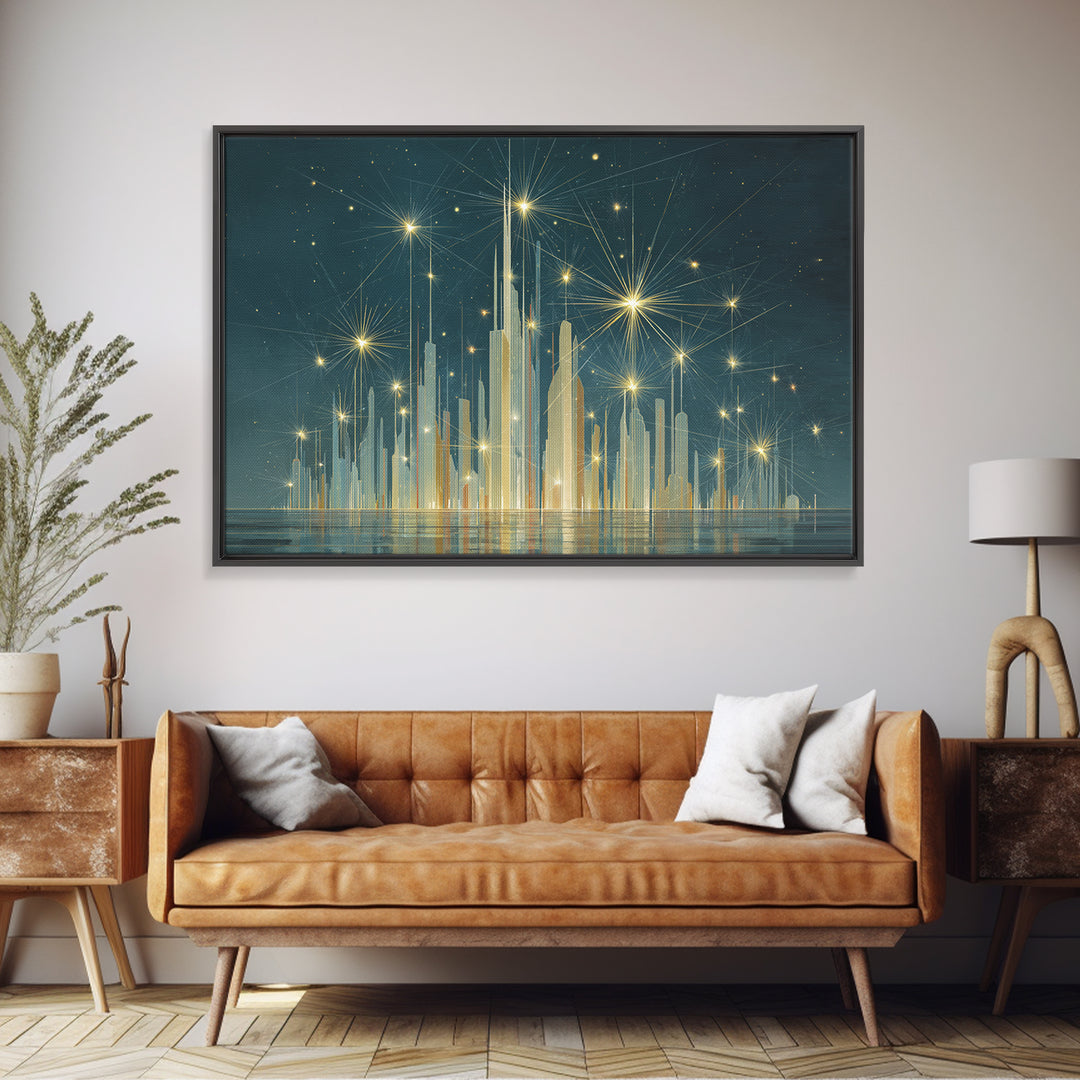 Golden Art Deco Skyline Wall Art, Firework Starburst Cityscape Canvas Print, Teal Modern Decor, Living Room Poster Gift