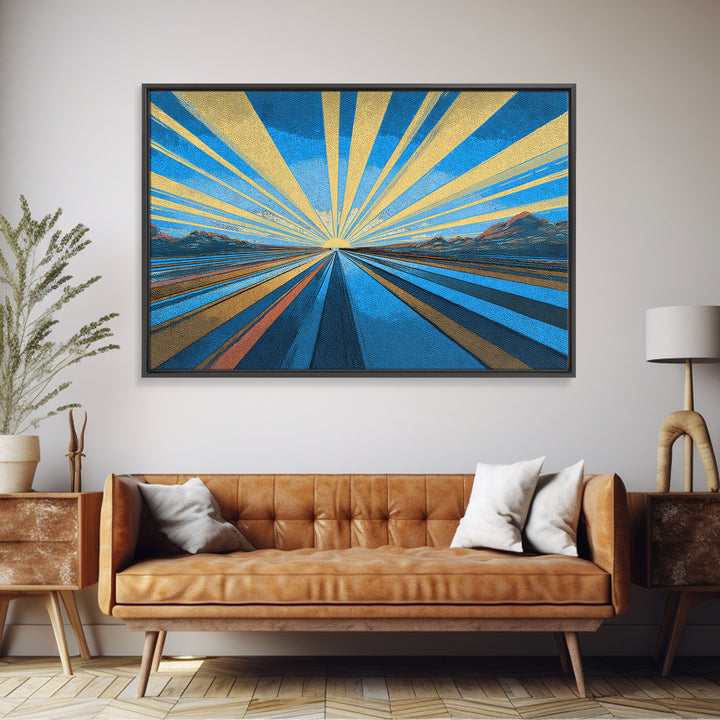 Blue Gold Sunburst Road Wall Art, Midcentury Modern Poster, Geometric Landscape Print, Retro Travel Decor, Office Decor Gift