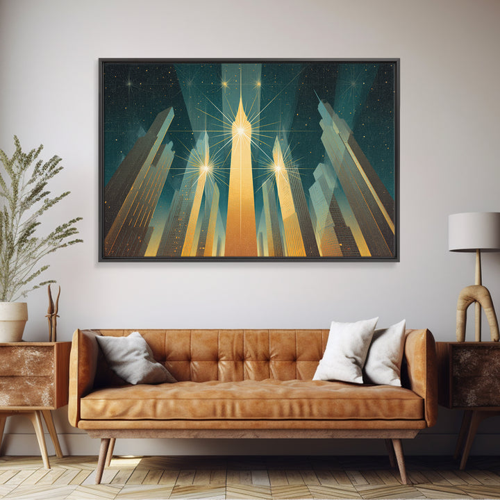 Radiant Art Deco Skyscrapers Canvas Print, Golden Starburst City Wall Art, Modern Retro Poster, Office Decor Gift Idea Print