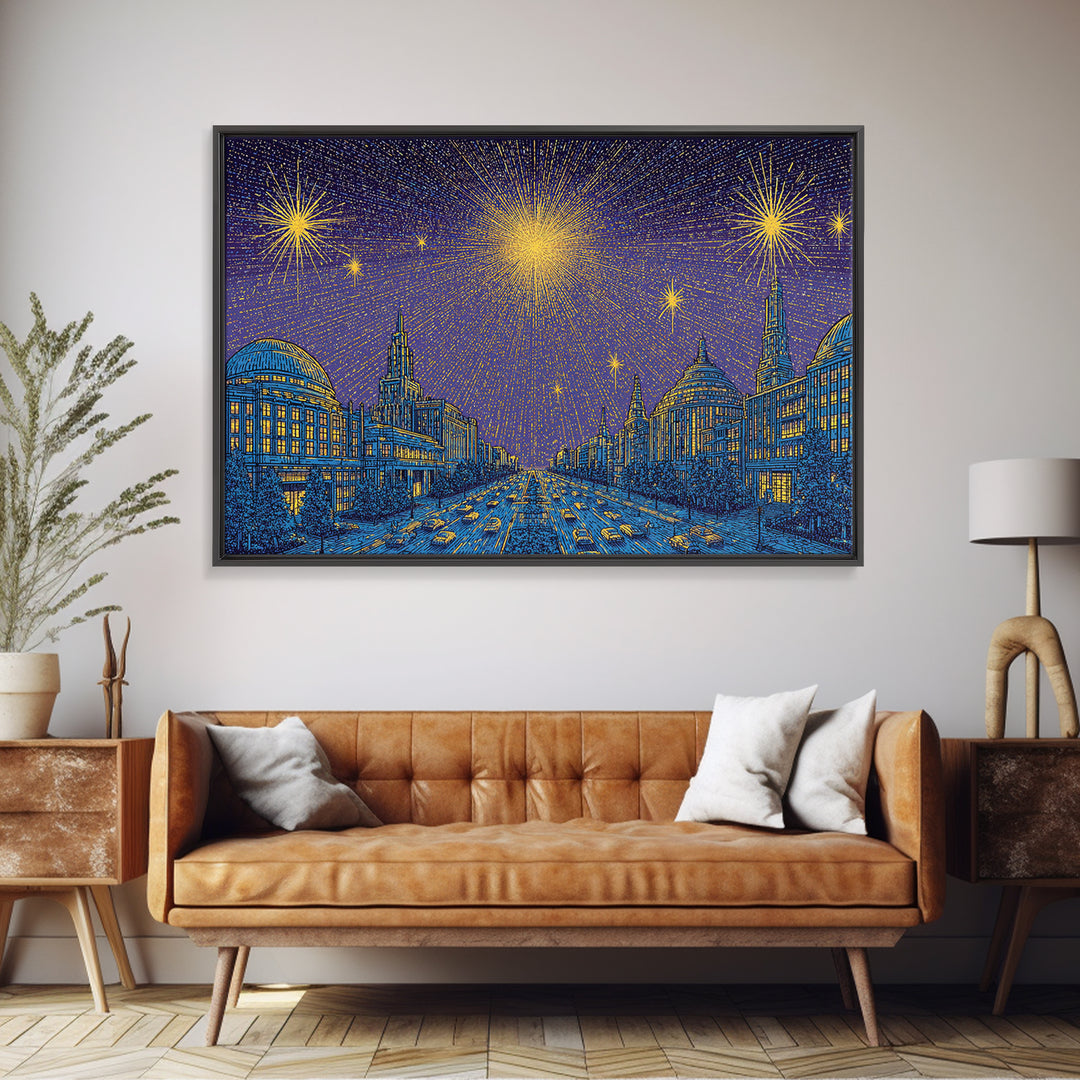 Golden Fireworks Over Retro City Skyline Wall Art, Mid Century Modern Poster, Blue Urban Landscape, Office Decor Print Gift