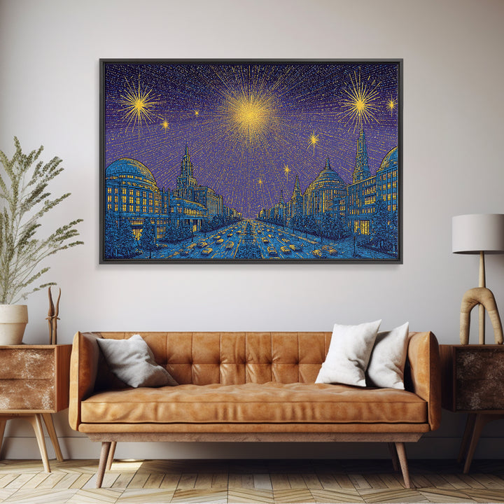 Golden Fireworks Over Retro City Skyline Wall Art, Mid Century Modern Poster, Blue Urban Landscape, Office Decor Print Gift