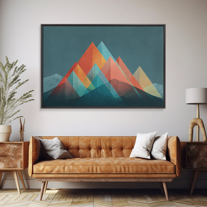 Transparent Geometric Mountain Peaks Canvas Print, Mid Century Modern Abstract Art, Teal Orange Wall Decor, Living Room Print