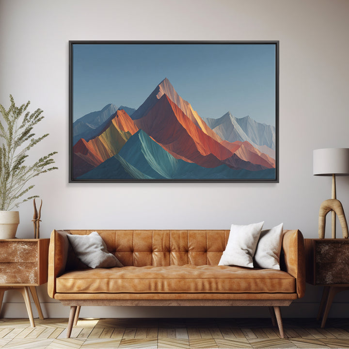 Faceted Rainbow Mountain Range Framed Canvas Print, Mid Century Modern Wall Art, Geometric Landscape, Bold Living Room Home Decor Print