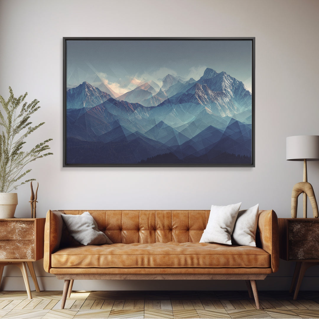 Misty Blue Polygon Mountain Vista Wall Art, Modern Abstract Landscape Print, Scandinavian Modern Decor, Bedroom Art Print