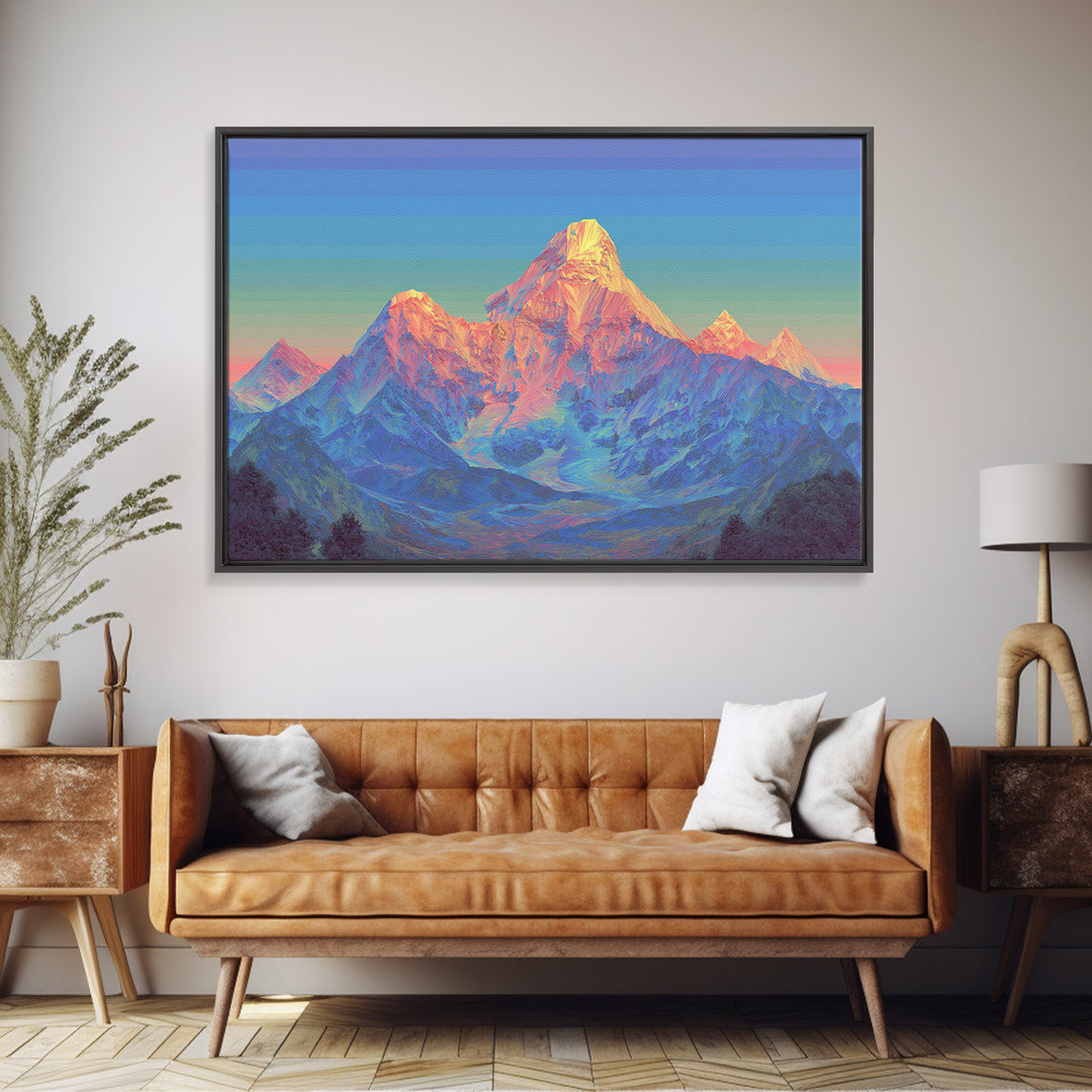 Pastel Himalayan Mountain Glow Canvas Print, Colorful Mid Century Modern Wall Art, Sunrise Landscape, Living Room Decor Print
