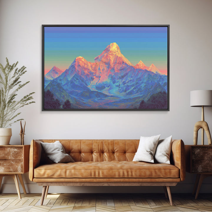 Pastel Himalayan Mountain Glow Canvas Print, Colorful Mid Century Modern Wall Art, Sunrise Landscape, Living Room Decor Print