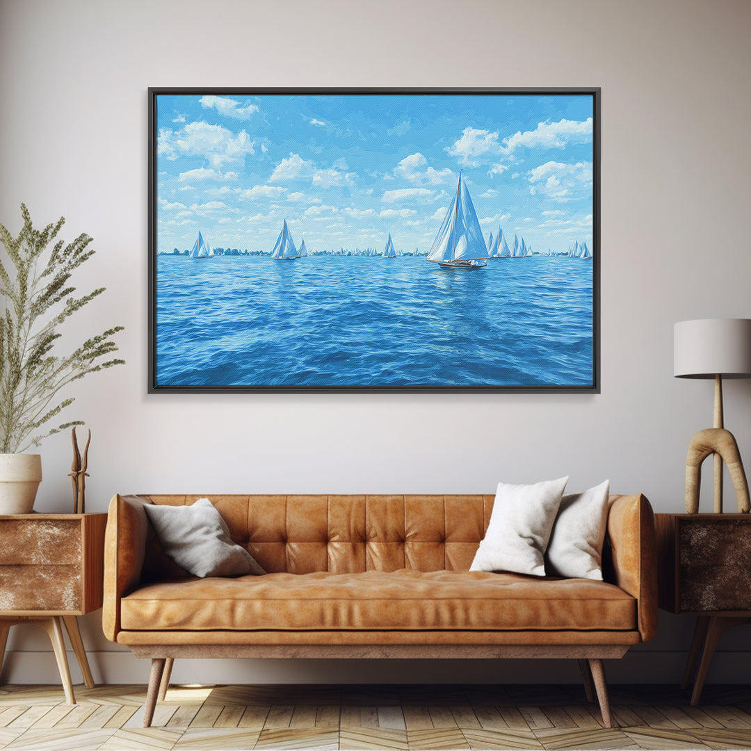 Blue Sailboats On Sparkling Summer Sea Wall Art, Coastal Modern Art Print, Nautical Decor, Beach House Living Room Poster