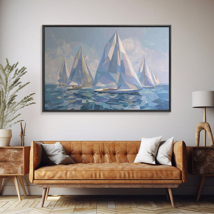 Crystal White Sailboats On Abstract Sea Framed Canvas Print, Modern Coastal Wall Art, Geometric Nautical Living Room Decor