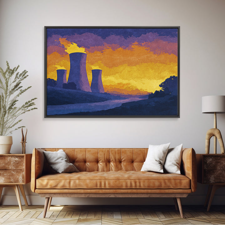Purple Cooling Towers At Golden Sunset Wall Art, Retro Industrial Landscape Poster, Modern Wall Decor, Home Office Art Print