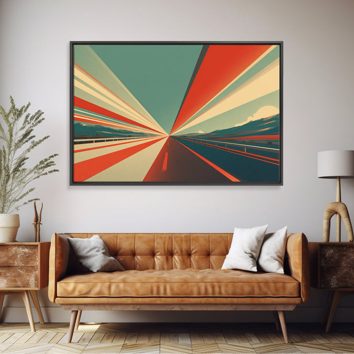 Retro Red Teal Highway Rays Canvas Print, Midcentury Modern Wall Art, Desert Road Poster, Bold Geometric Office Decor Print