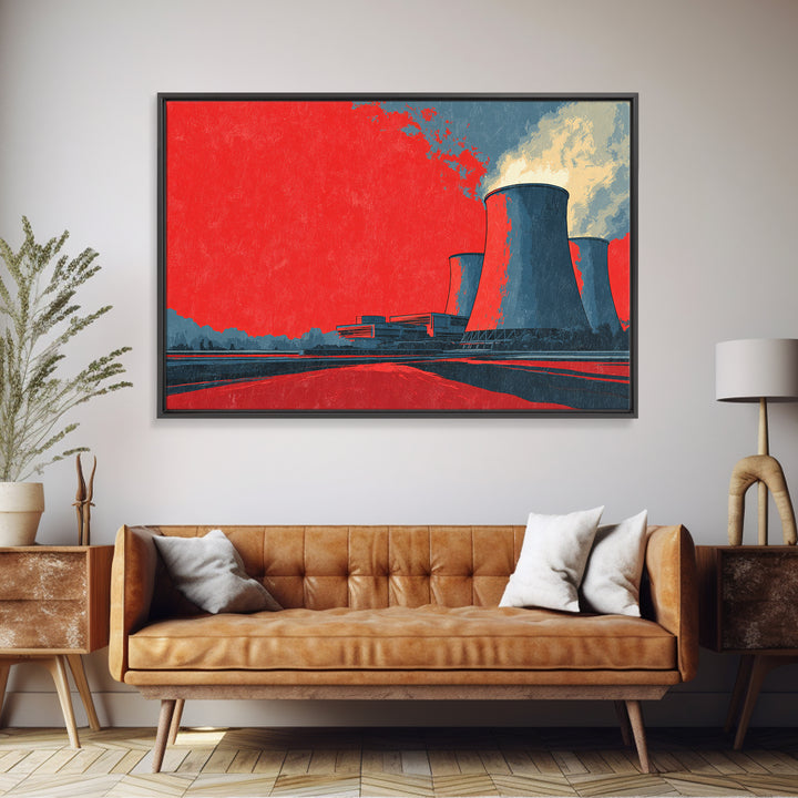 Red Industrial Cooling Tower Landscape Canvas Print, Atomic Retro Wall Art, Modern Architecture Decor, Bold Statement Poster