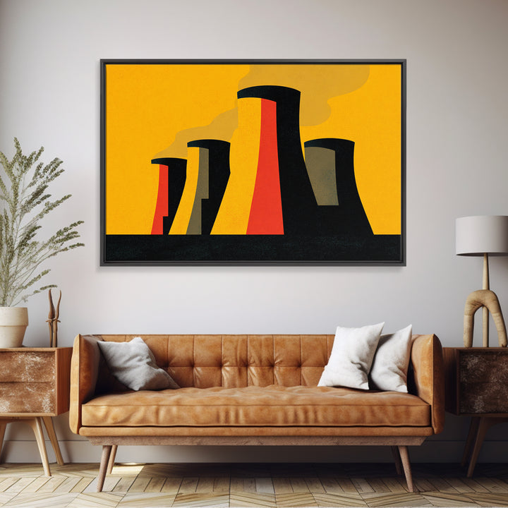 Graphic Cooling Towers At Sunset Wall Art, Midcentury Modern Art, Atomic Retro Poster, Orange Industrial Modern Wall Decor