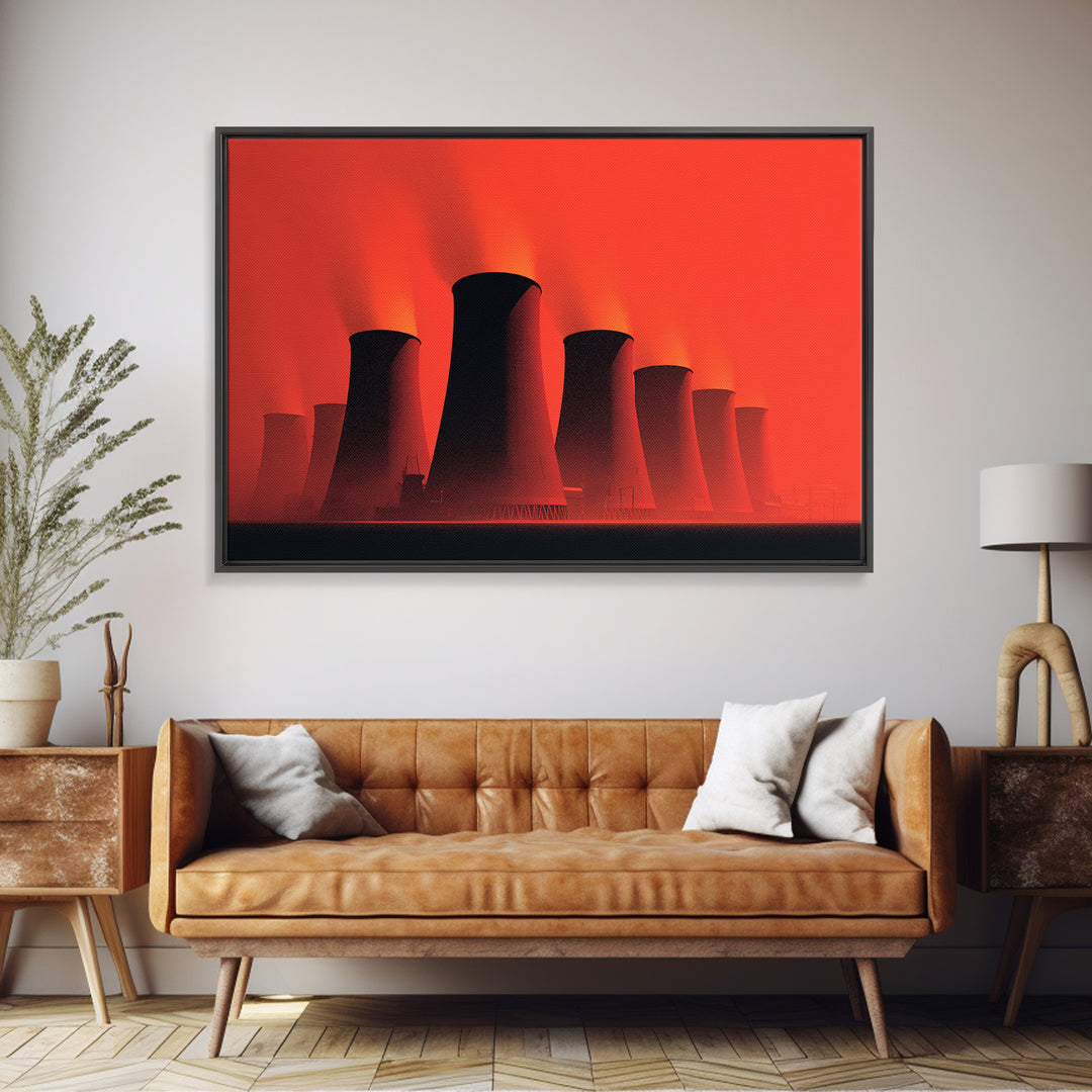 Red Nuclear Cooling Tower Silhouettes Canvas Print, Midcentury Modern Art, Retro Wall Art, Bold Orange Modern Home Decor