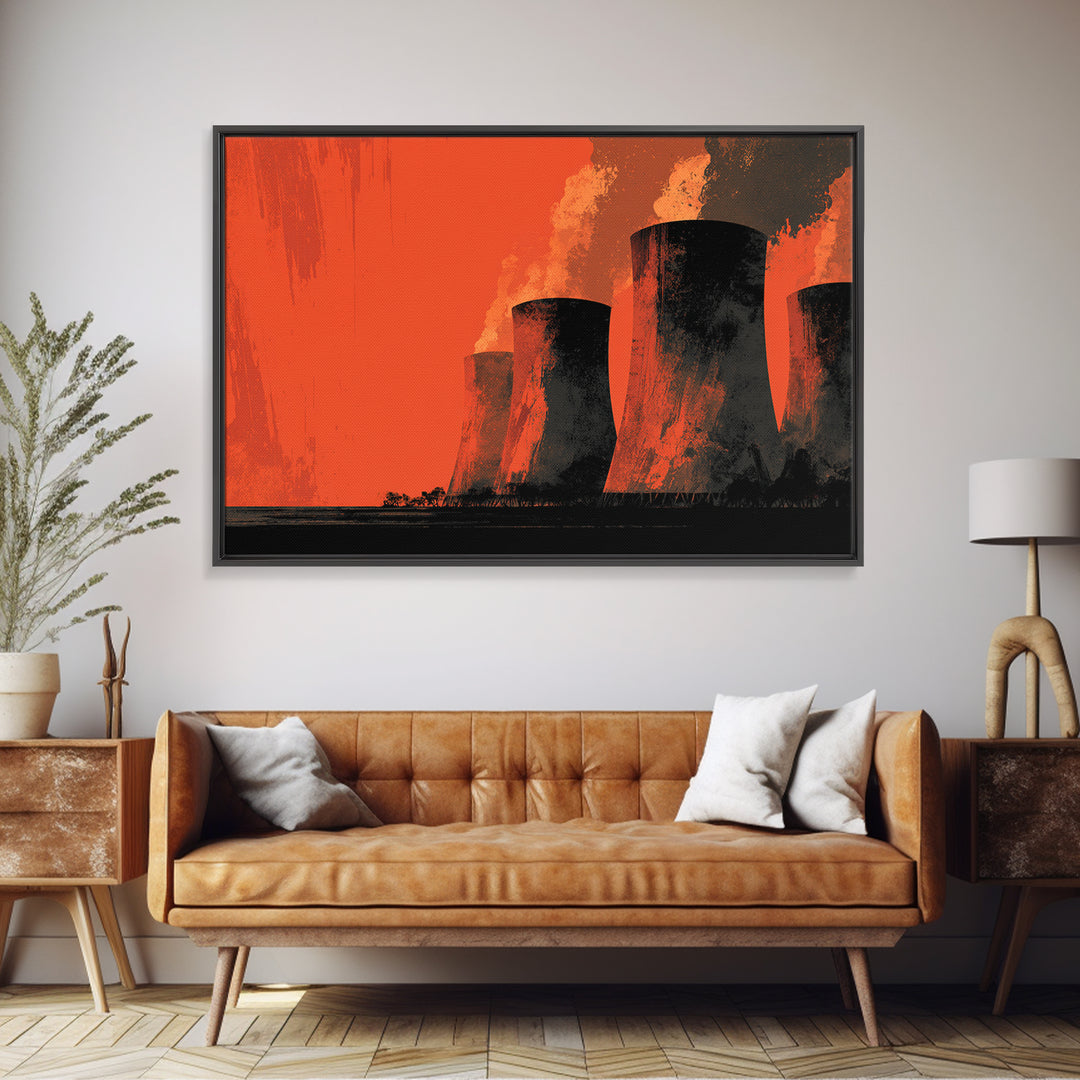 Smoky Cooling Towers In Orange Haze Framed Canvas Print, Midcentury Modern Art, Retro Wall Art, Moody Industrial Home Decor