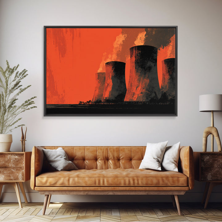 Smoky Cooling Towers In Orange Haze Framed Canvas Print, Midcentury Modern Art, Retro Wall Art, Moody Industrial Home Decor
