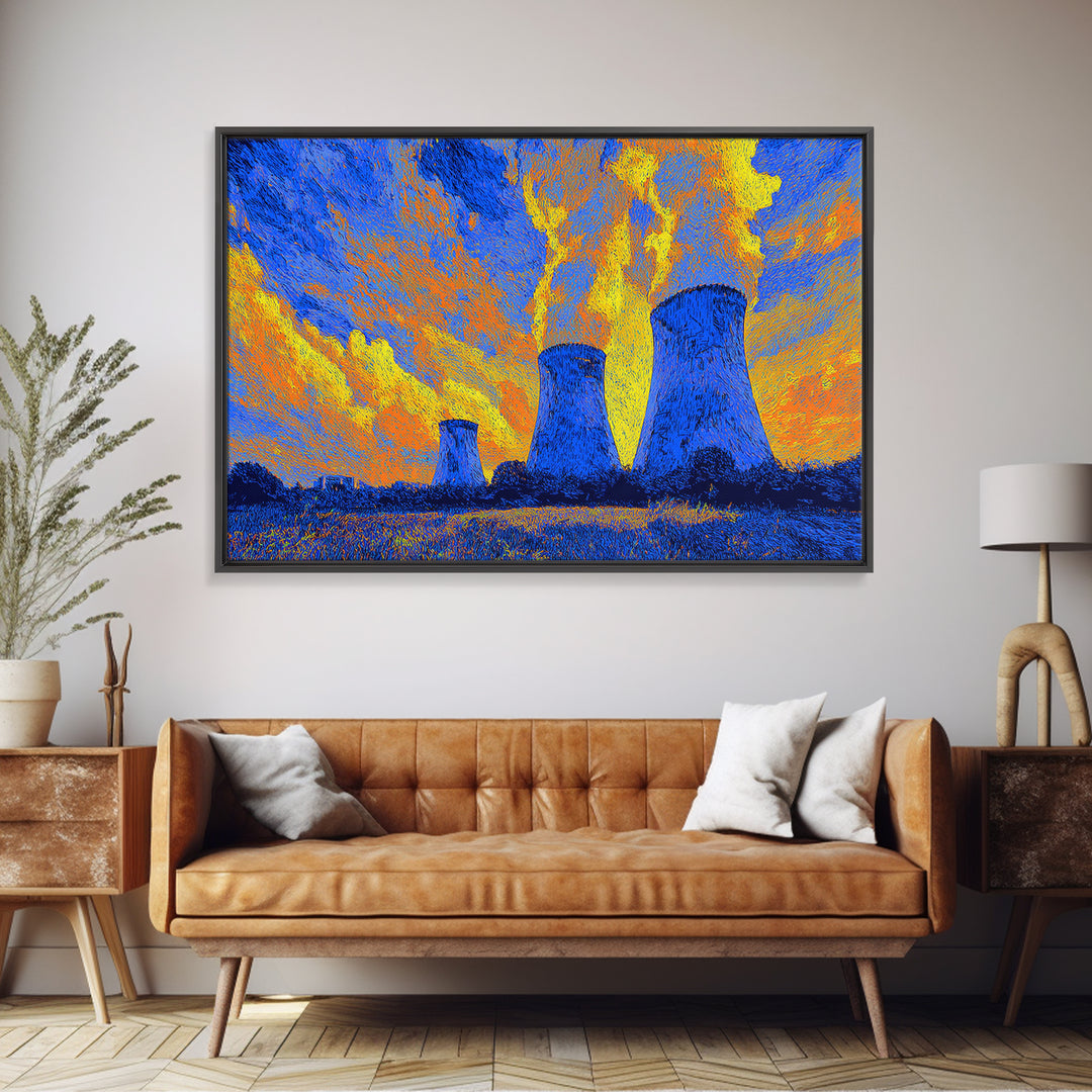 Blue Nuclear Cooling Towers Under Yellow Sky Wall Art, Bright Abstract Art, Midcentury Modern Poster, Colorful Modern Decor