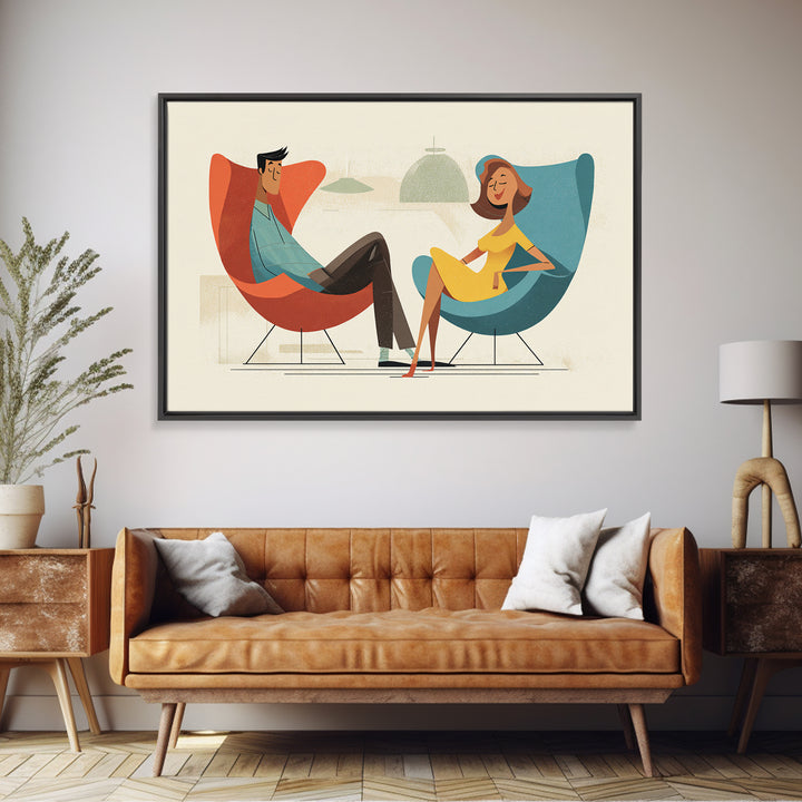 Stylish Couple In Egg Chairs Canvas Print, Midcentury Modern Art, Retro Wall Art, Atomic Lounge Decor, Colorful Home Print