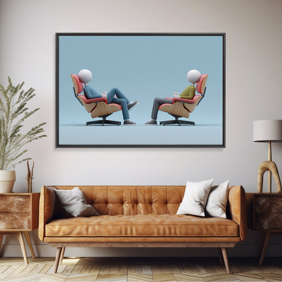 Faceless Figures In Retro Lounge Chairs Framed Canvas Print, Midcentury Modern Art, Minimalist Wall Art, Blue Office Decor
