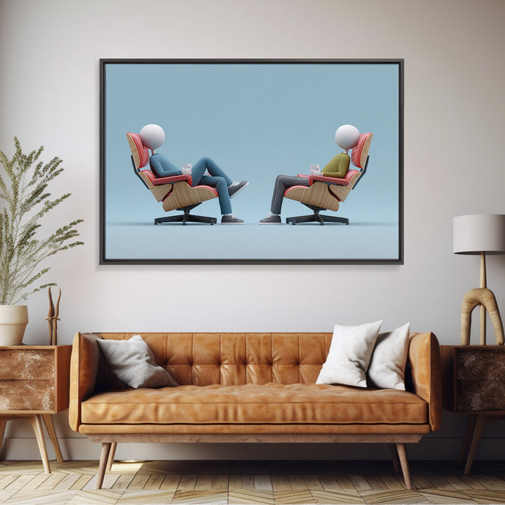 Faceless Figures In Retro Lounge Chairs Framed Canvas Print, Midcentury Modern Art, Minimalist Wall Art, Blue Office Decor
