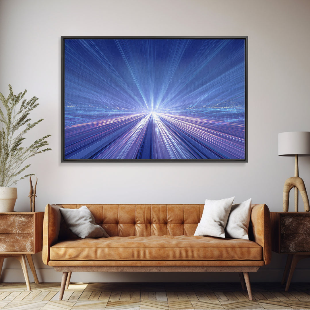 Electric Blue Light Trail Framed Canvas Print, Modern Abstract Art, Futuristic Highway Wall Decor, Sci Fi Office Poster Print