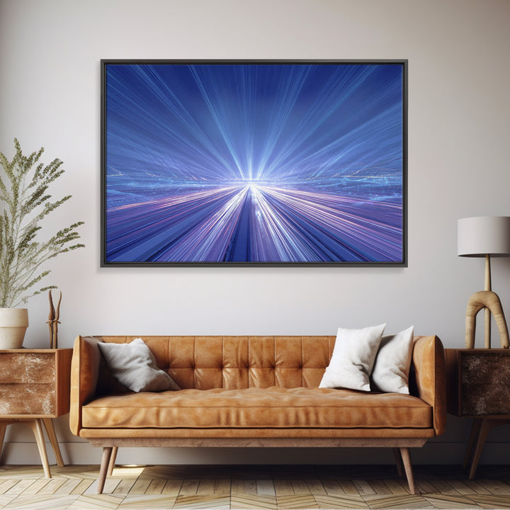 Electric Blue Light Trail Framed Canvas Print, Modern Abstract Art, Futuristic Highway Wall Decor, Sci Fi Office Poster Print