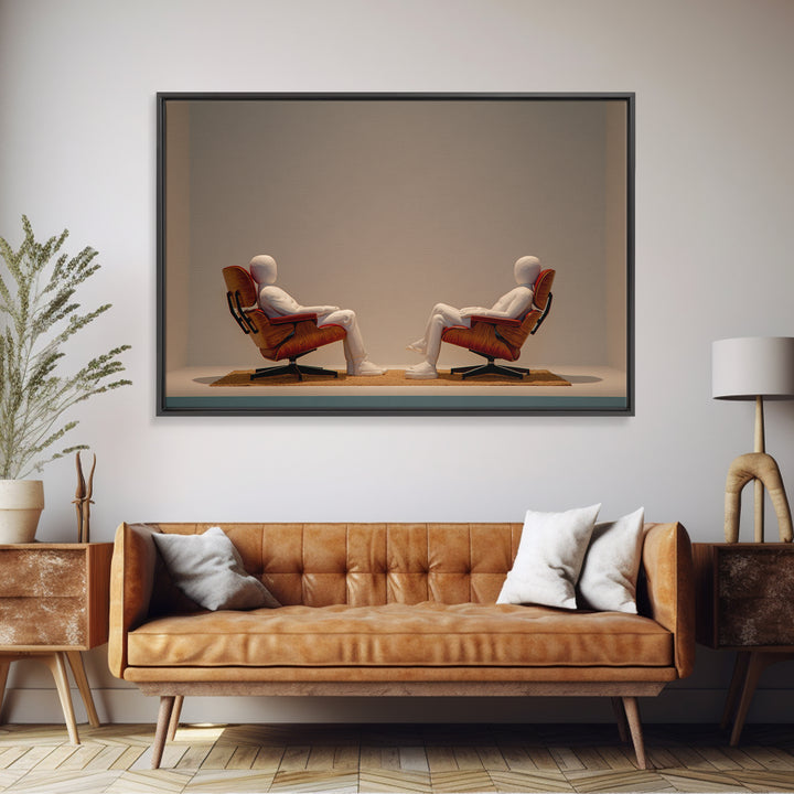 Minimal Figures Facing In Lounge Chairs Canvas Print, Midcentury Modern Art, Retro Wall Art, Neutral Modern Home Decor Print